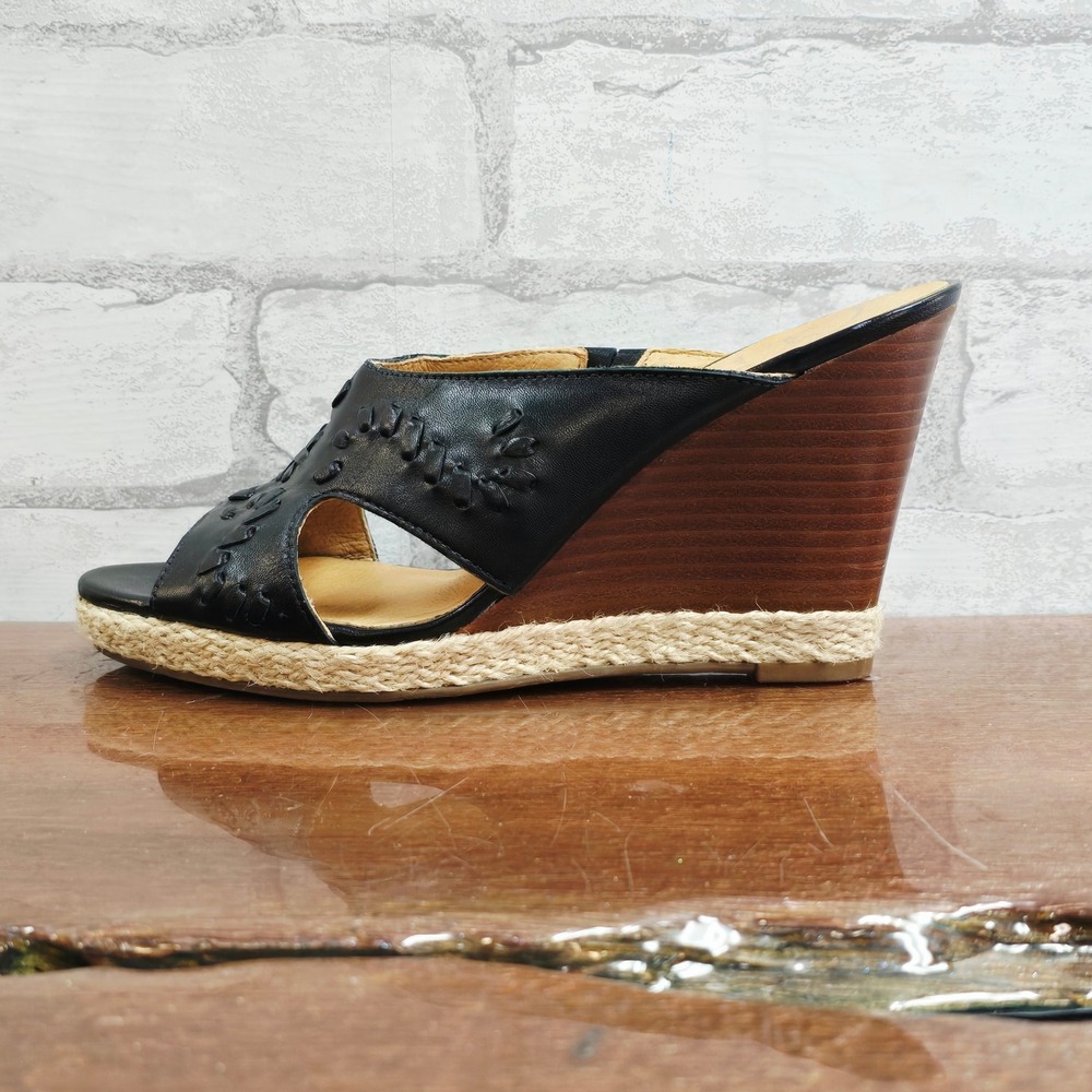 Jack Rogers Black Leather Whipstitch Wood Wedge Sandals PAB0107 Size 7M